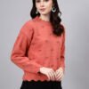 S24_PEACH_01_4 Round Neck Flowered Patch Work Design With Premium Acrylic Wool Women Knitted Top & Sweater