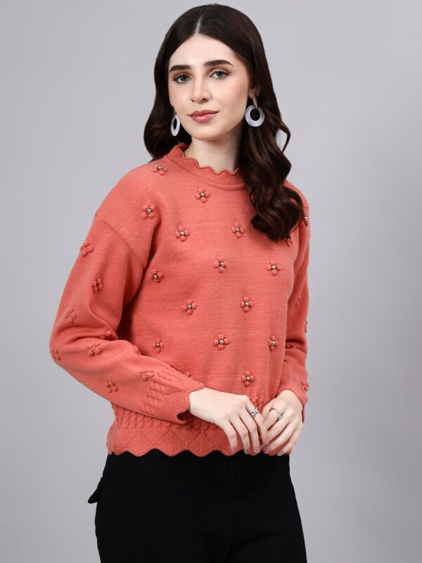 S24_PEACH_01_4 Round Neck Flowered Patch Work Design With Premium Acrylic Wool Women Knitted Top & Sweater