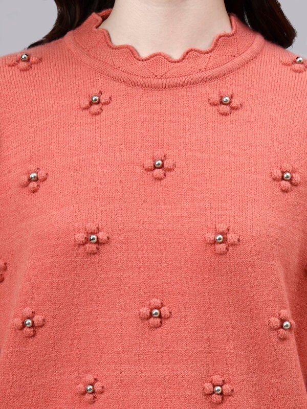 S24_PEACH_01_5 Round Neck Flowered Patch Work Design With Premium Acrylic Wool Women Knitted Top & Sweater