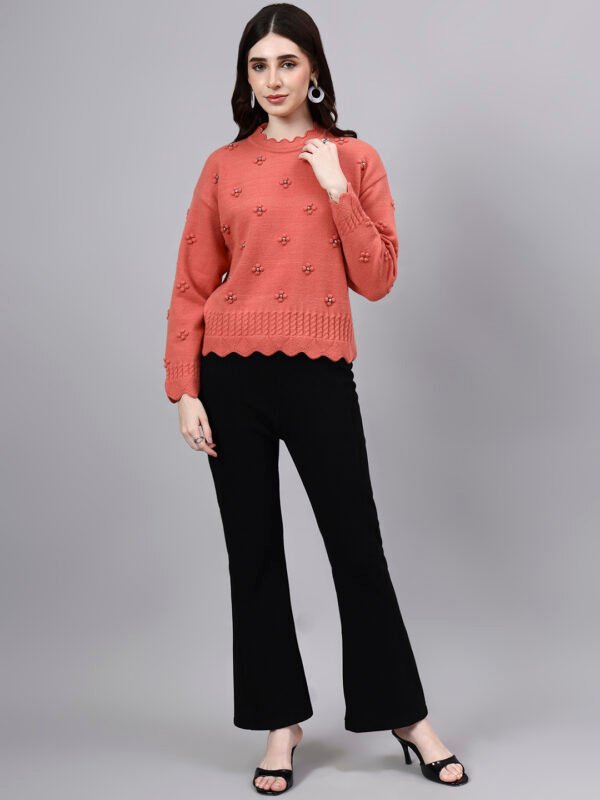 S24_PEACH_01_6 Round Neck Flowered Patch Work Design With Premium Acrylic Wool Women Knitted Top & Sweater