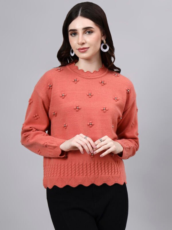 S24_PEACH_01_7 Round Neck Flowered Patch Work Design With Premium Acrylic Wool Women Knitted Top & Sweater