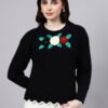 S25_BLACK_01_1 Round Neck Flowered Patch Work Design With Premium Acrylic Wool Women Knitted Top & Sweater