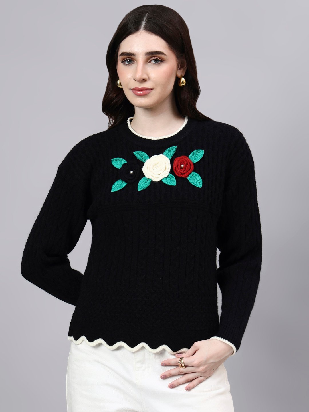 Round Neck Flowered Patch Work Design With Premium Acrylic Wool Women Knitted Top & Sweater
