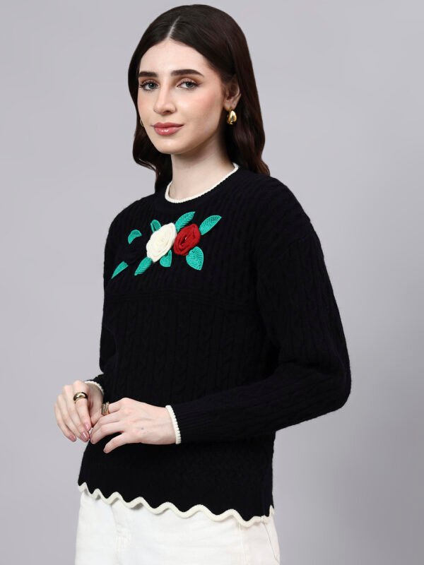 S25_BLACK_01_3 Round Neck Flowered Patch Work Design With Premium Acrylic Wool Women Knitted Top & Sweater