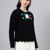 S25_BLACK_01_4 Round Neck Flowered Patch Work Design With Premium Acrylic Wool Women Knitted Top & Sweater