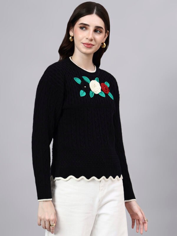 S25_BLACK_01_4 Round Neck Flowered Patch Work Design With Premium Acrylic Wool Women Knitted Top & Sweater
