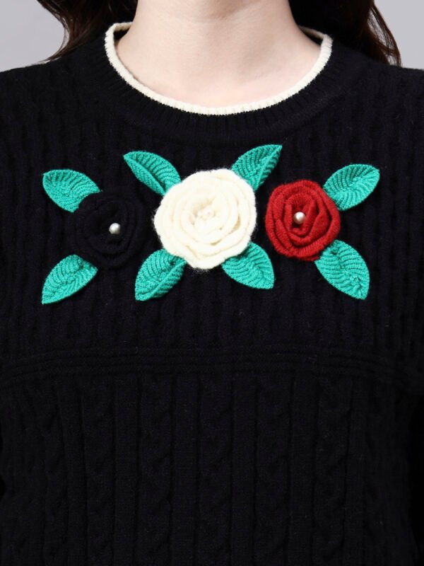 S25_BLACK_01_5 Round Neck Flowered Patch Work Design With Premium Acrylic Wool Women Knitted Top & Sweater