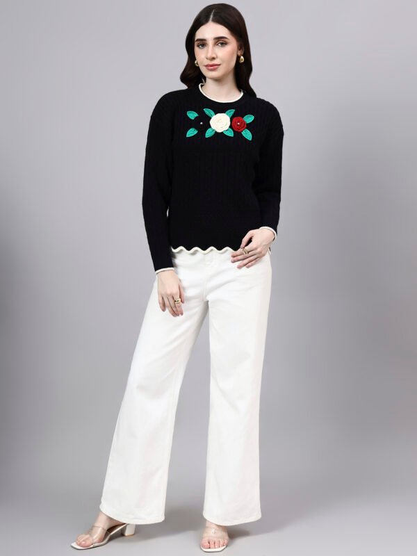 S25_BLACK_01_6 Round Neck Flowered Patch Work Design With Premium Acrylic Wool Women Knitted Top & Sweater