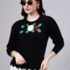S25_BLACK_01_7 Round Neck Flowered Patch Work Design With Premium Acrylic Wool Women Knitted Top & Sweater