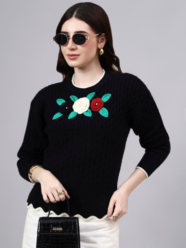 S25_BLACK_01_7 Round Neck Flowered Patch Work Design With Premium Acrylic Wool Women Knitted Top & Sweater