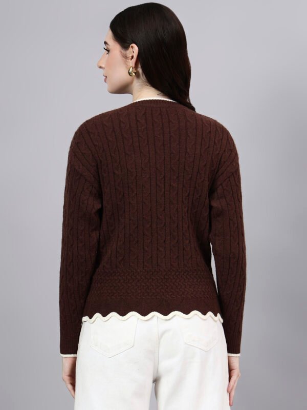 S25_BROWN_01_2 Round Neck Flowered Patch Work Design With Premium Acrylic Wool Women Knitted Top & Sweater