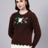 S25_BROWN_01_3 Round Neck Flowered Patch Work Design With Premium Acrylic Wool Women Knitted Top & Sweater