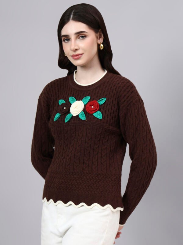 S25_BROWN_01_3 Round Neck Flowered Patch Work Design With Premium Acrylic Wool Women Knitted Top & Sweater