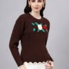 S25_BROWN_01_4 Round Neck Flowered Patch Work Design With Premium Acrylic Wool Women Knitted Top & Sweater