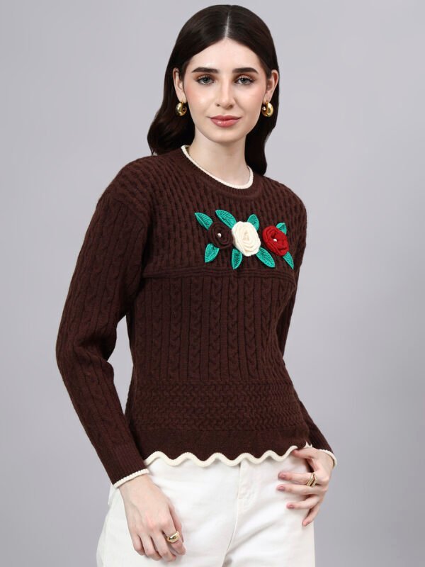S25_BROWN_01_4 Round Neck Flowered Patch Work Design With Premium Acrylic Wool Women Knitted Top & Sweater