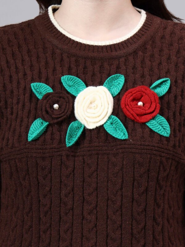 S25_BROWN_01_5 Round Neck Flowered Patch Work Design With Premium Acrylic Wool Women Knitted Top & Sweater