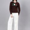S25_BROWN_01_6 Round Neck Flowered Patch Work Design With Premium Acrylic Wool Women Knitted Top & Sweater