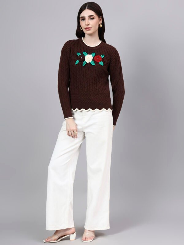 S25_BROWN_01_6 Round Neck Flowered Patch Work Design With Premium Acrylic Wool Women Knitted Top & Sweater