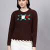 S25_BROWN_01_7 Round Neck Flowered Patch Work Design With Premium Acrylic Wool Women Knitted Top & Sweater