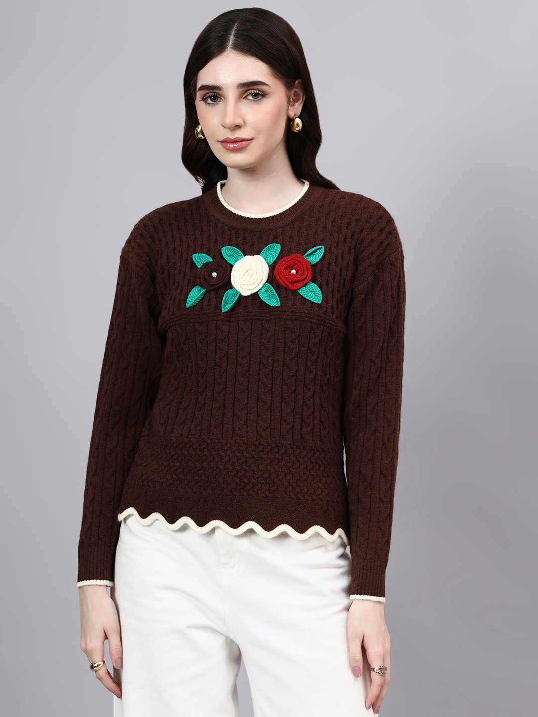 S25_BROWN_01_7 Round Neck Flowered Patch Work Design With Premium Acrylic Wool Women Knitted Top & Sweater