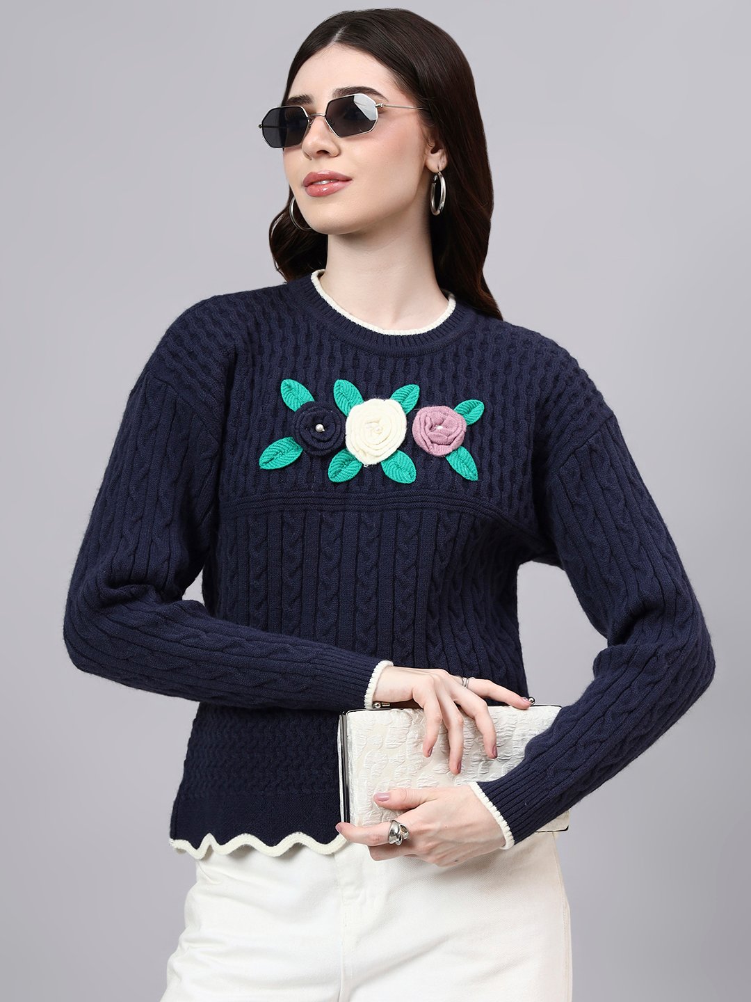 Round Neck Flowered Patch Work Design With Premium Acrylic Wool Women Knitted Top & Sweater