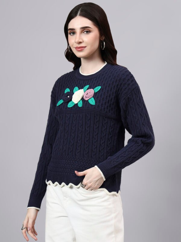 Round Neck Flowered Patch Work Design With Premium Acrylic Wool Women Knitted Top & Sweater