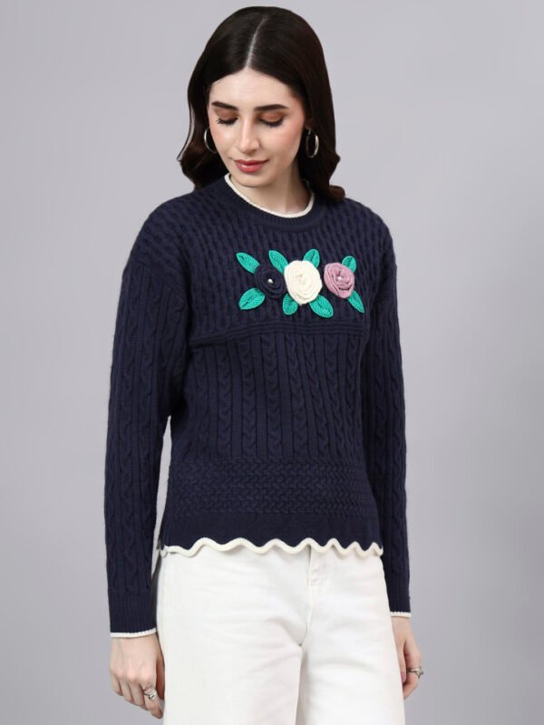 Round Neck Flowered Patch Work Design With Premium Acrylic Wool Women Knitted Top & Sweater