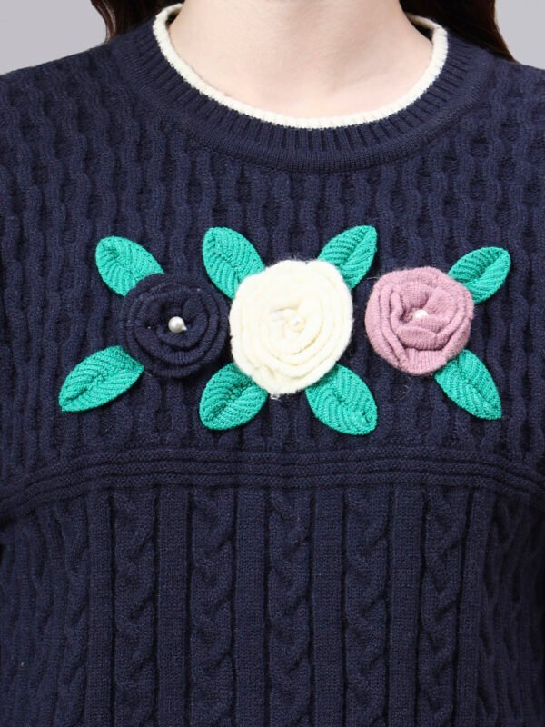 Round Neck Flowered Patch Work Design With Premium Acrylic Wool Women Knitted Top & Sweater