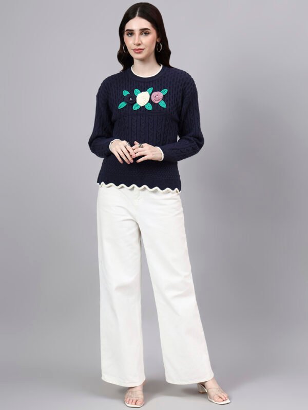 Round Neck Flowered Patch Work Design With Premium Acrylic Wool Women Knitted Top & Sweater