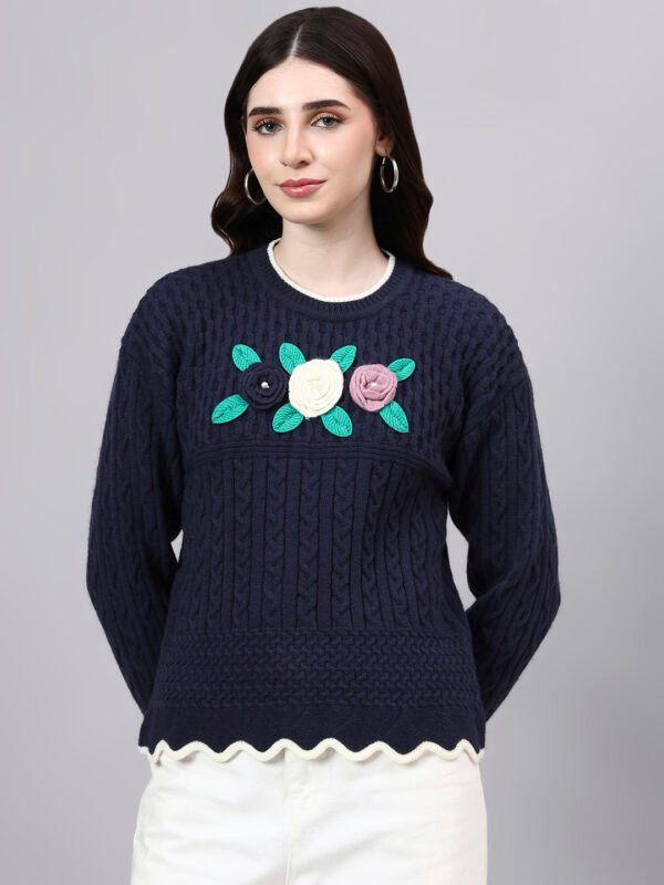 Round Neck Flowered Patch Work Design With Premium Acrylic Wool Women Knitted Top & Sweater