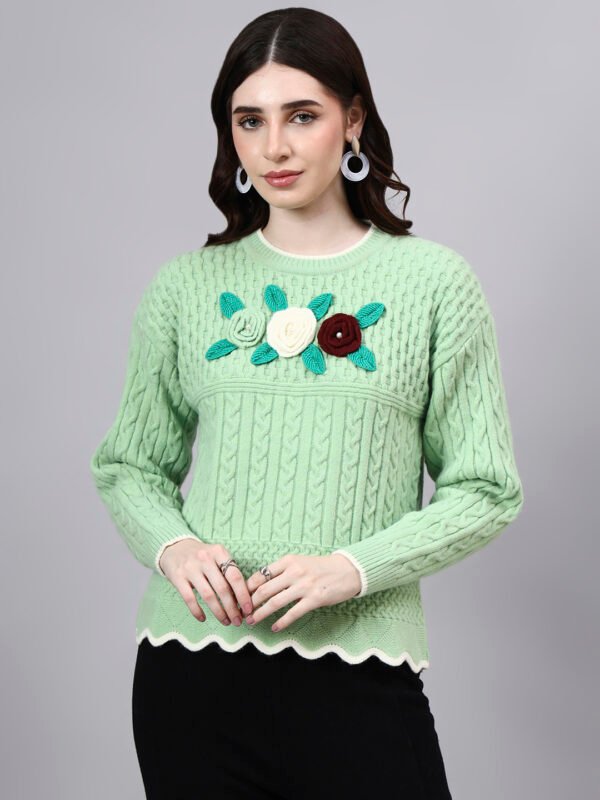 Round Neck Flowered Patch Work Design With Premium Acrylic Wool Women Knitted Top & Sweater