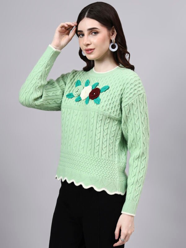 Round Neck Flowered Patch Work Design With Premium Acrylic Wool Women Knitted Top & Sweater