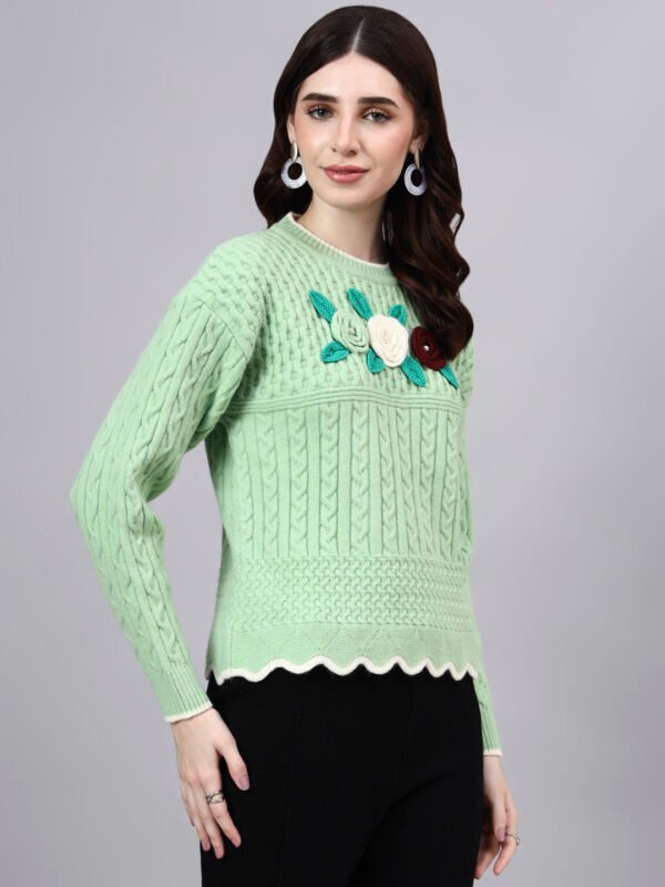 Round Neck Flowered Patch Work Design With Premium Acrylic Wool Women Knitted Top & Sweater
