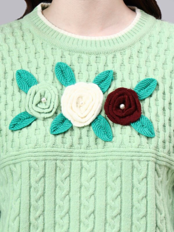 Round Neck Flowered Patch Work Design With Premium Acrylic Wool Women Knitted Top & Sweater