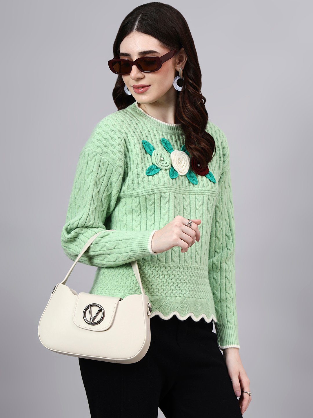 Round Neck Flowered Patch Work Design With Premium Acrylic Wool Women Knitted Top & Sweater