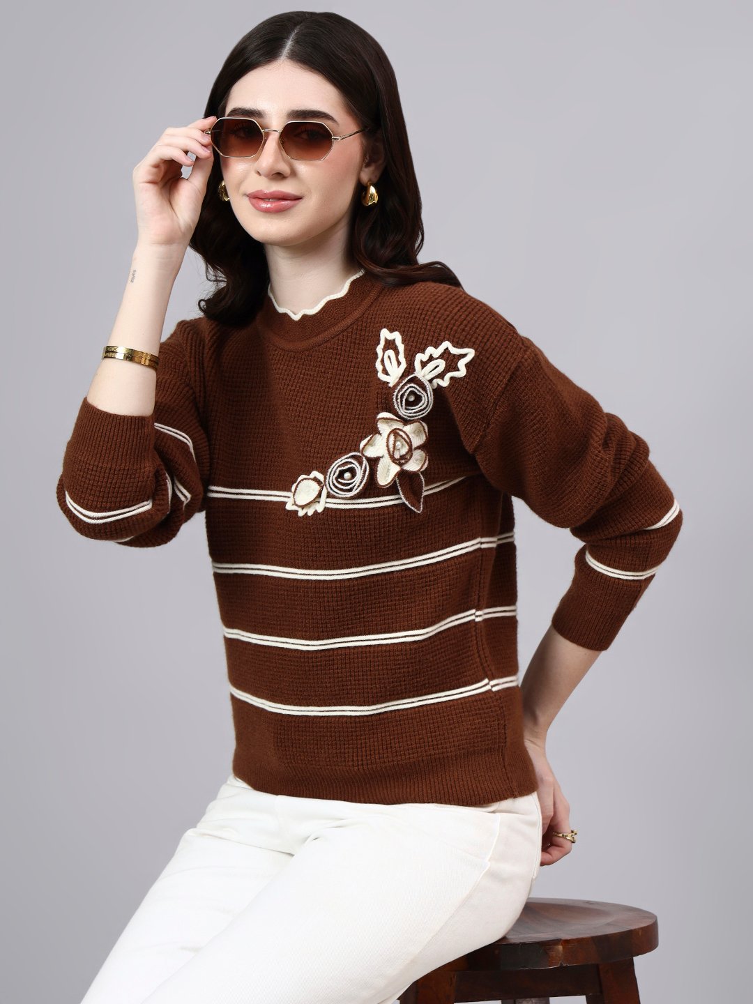 Round Neck Flowered Patch Work Striped Design With Premium Acrylic Wool Women Knitted Top & Sweater