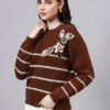 Round Neck Flowered Patch Work Striped Design With Premium Acrylic Wool Women Knitted Top & Sweater