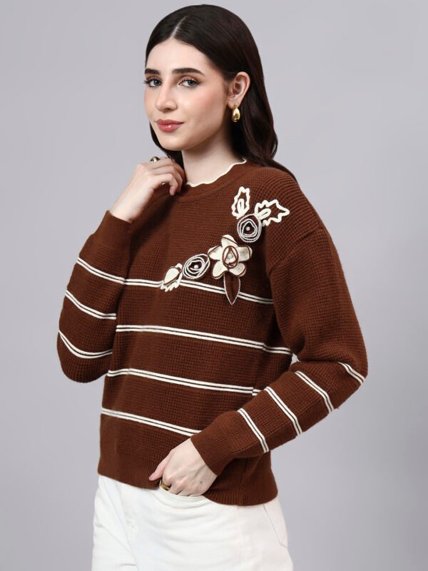 Round Neck Flowered Patch Work Striped Design With Premium Acrylic Wool Women Knitted Top & Sweater