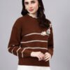 Round Neck Flowered Patch Work Striped Design With Premium Acrylic Wool Women Knitted Top & Sweater
