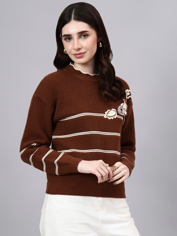 Round Neck Flowered Patch Work Striped Design With Premium Acrylic Wool Women Knitted Top & Sweater