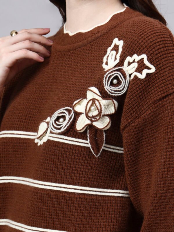 Round Neck Flowered Patch Work Striped Design With Premium Acrylic Wool Women Knitted Top & Sweater