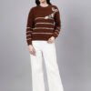 Round Neck Flowered Patch Work Striped Design With Premium Acrylic Wool Women Knitted Top & Sweater
