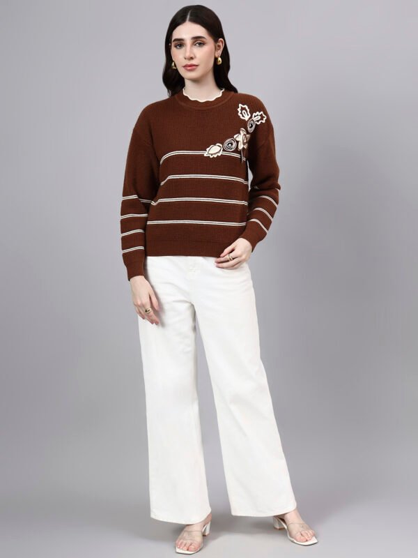 Round Neck Flowered Patch Work Striped Design With Premium Acrylic Wool Women Knitted Top & Sweater