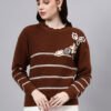 Round Neck Flowered Patch Work Striped Design With Premium Acrylic Wool Women Knitted Top & Sweater