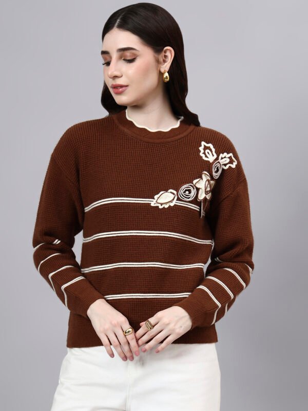 Round Neck Flowered Patch Work Striped Design With Premium Acrylic Wool Women Knitted Top & Sweater