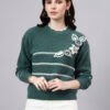S26_GREEN_01_1 Round Neck Flowered Patch Work Striped Design With Premium Acrylic Wool Women Knitted Top & Sweater