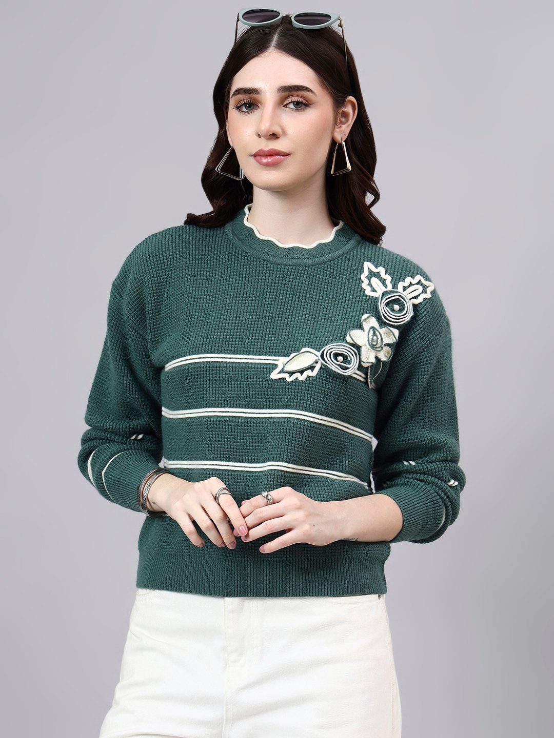 Round Neck Flowered Patch Work Striped Design With Premium Acrylic Wool Women Knitted Top & Sweater