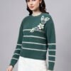 S26_GREEN_01_3 Round Neck Flowered Patch Work Striped Design With Premium Acrylic Wool Women Knitted Top & Sweater