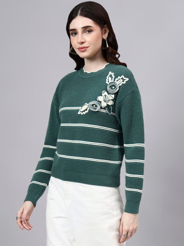 S26_GREEN_01_3 Round Neck Flowered Patch Work Striped Design With Premium Acrylic Wool Women Knitted Top & Sweater
