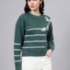 S26_GREEN_01_4 Round Neck Flowered Patch Work Striped Design With Premium Acrylic Wool Women Knitted Top & Sweater